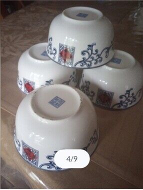 Vintage Japanese Porcelain Serving Bowl with Blue Scroll Pattern and Red Accent